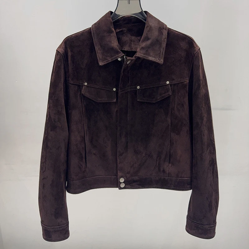 カジュアルブラウン/コーヒー本革ショートジャケット 2026 新しい女性用ゴートスキンスエードクラシックオートバイレザージャケットコート ファム