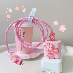 3D Candy Color Soft Case for iPhone 18/20W Cherry blossoms Fast Charging Fruit USB Data Cable Protective Case Winder Organizer