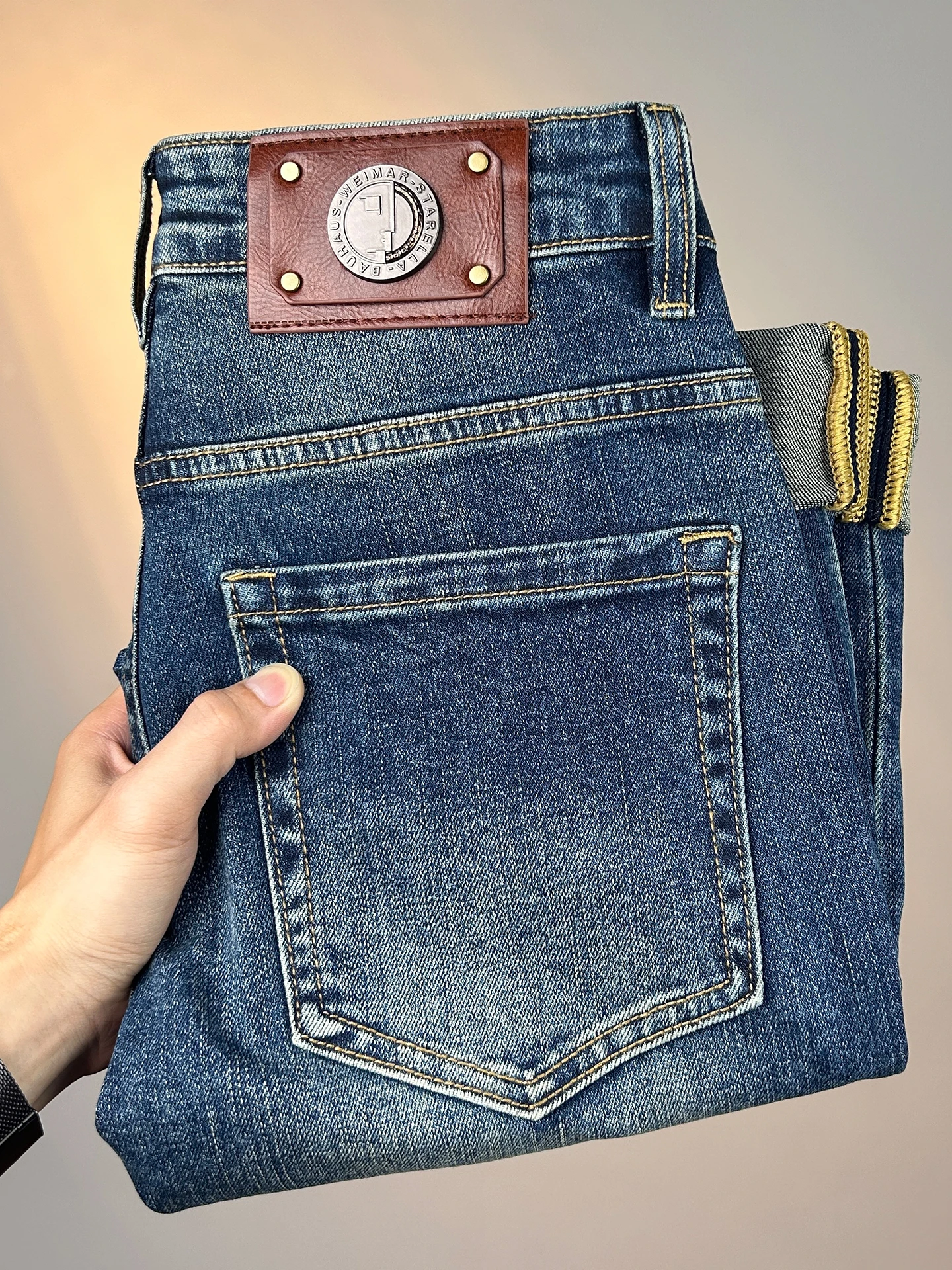 

Мужские джинсы American Sle Slim Fit с прямыми штанинами, удобные, эластичные, повседневные, длинные брюки из синего хлопкового стрейч-денима