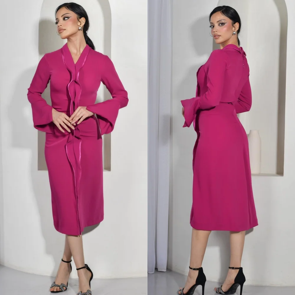 

Customized Arabia Jersey Ruffle Clubbing Sheath V-neck Bespoke Occasion Gown Midi es Dresses