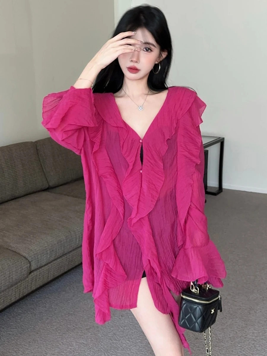 Commute Style Loose Fit Shirt with Bell Sleeves And Ruffle Design Micro Transparent Slimming Design V-Neck Mid-Length Top