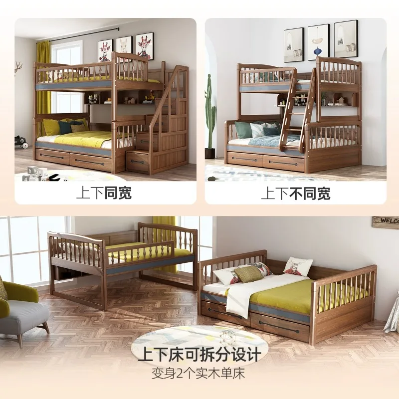 Łóżka piętrowe dziecięce z litego drewna, górne i dolne.