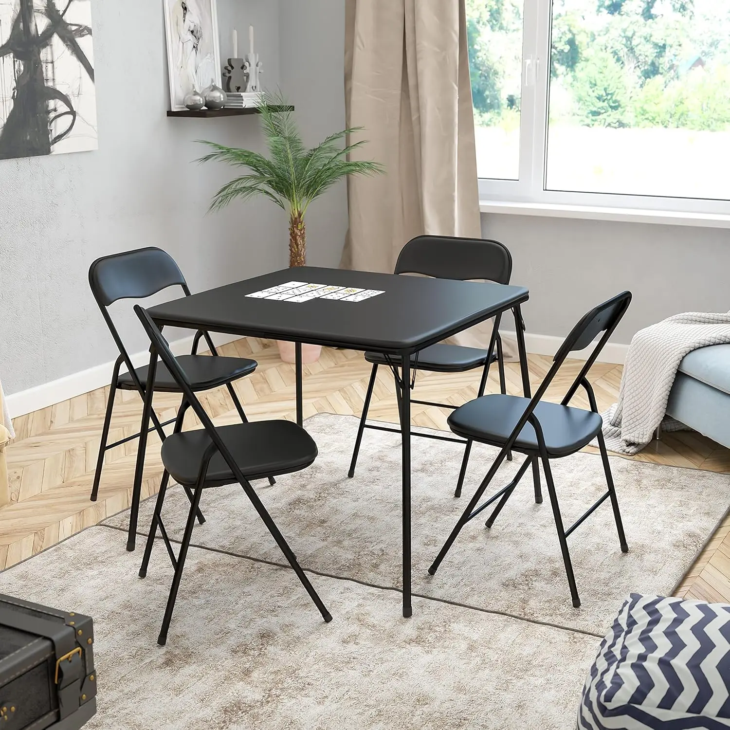 Madison 5 Piece Black Folding Card Table and Chair Set with 4 Metal Padded Folding Chairs and Square Table