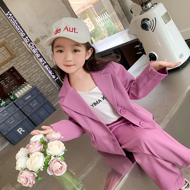 Girls Coat +Pants Kids Suits 2PCS/Set 2024 Rose Spring Autumn Cotton Teenagers School Uniforms Cotton Children Clothing