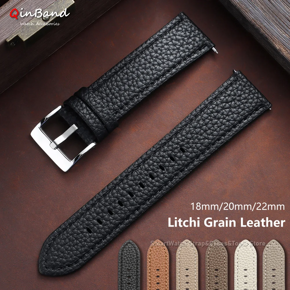18mm 20mm 22mm Litchi Grain Leather Watch Band Soft Calfskin Strap Men Quick Release Bracelet for Samsung Galaxy Watch 7/6/5/4/3