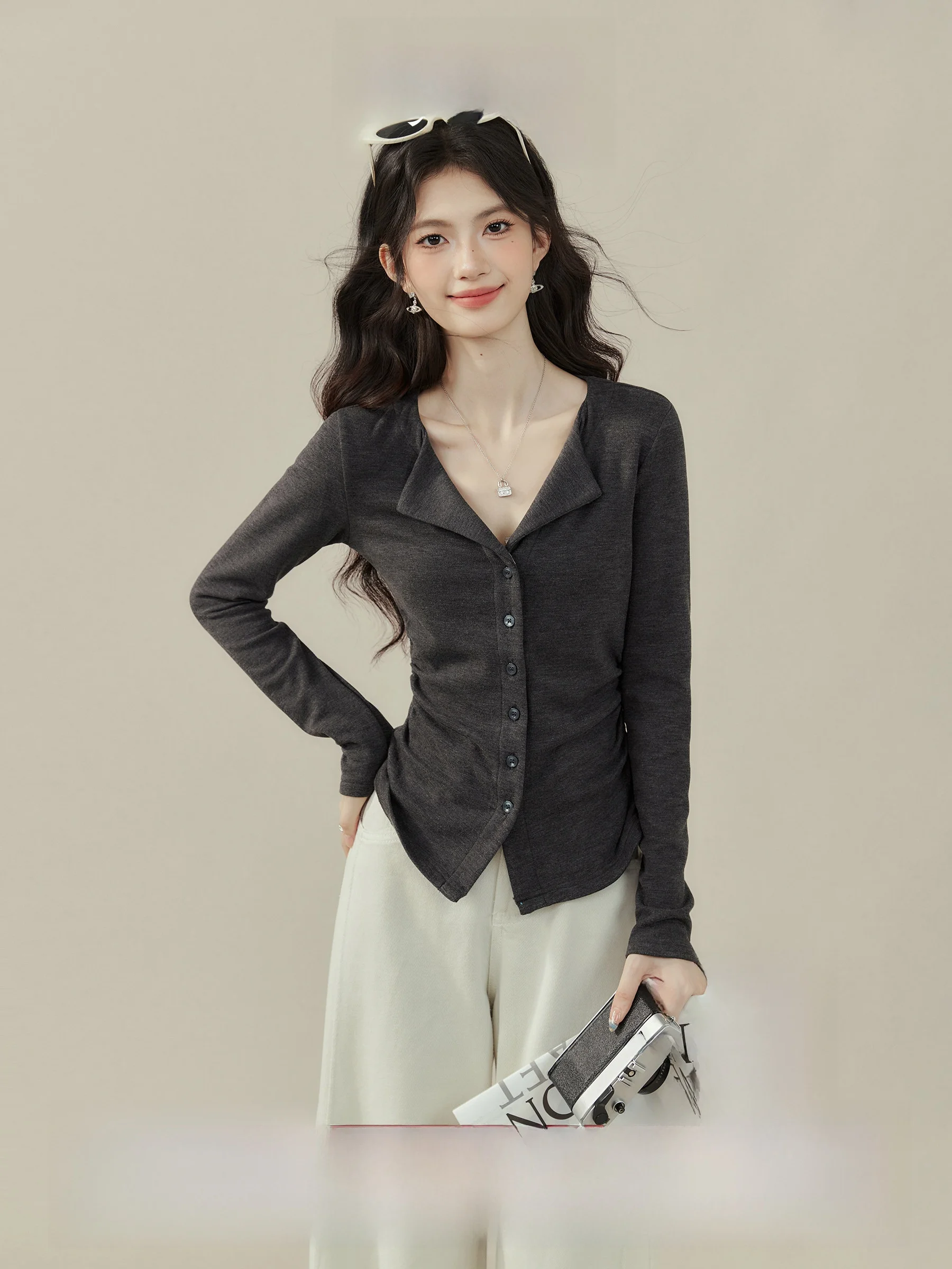 

Женский вязаный кардиган с V-образным вырезом и длинным рукавом, облегающий базовый топ, повседневная осенняя модная футболка