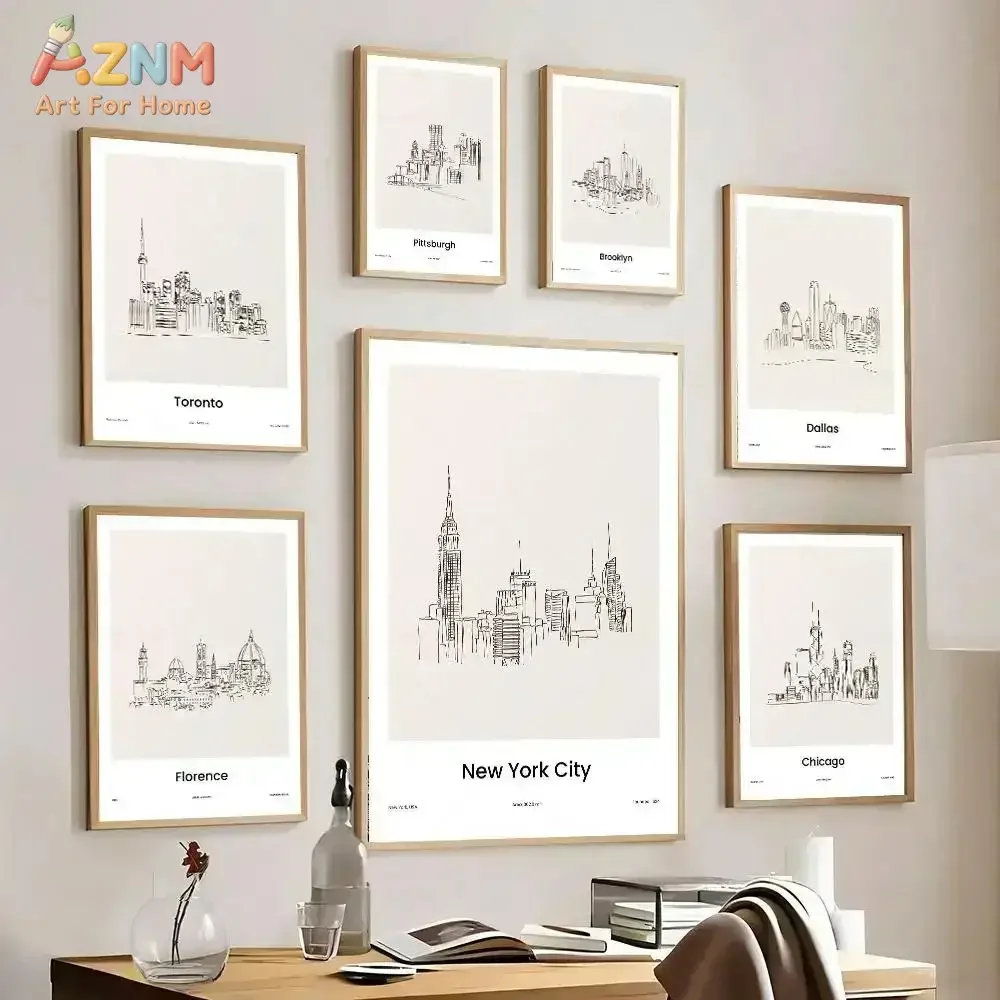AZNM Minimal City Skyline Sketch Canvas Wall Art, World City Architecture Line Art Neutral Boho Home Living Room Bedroom Office