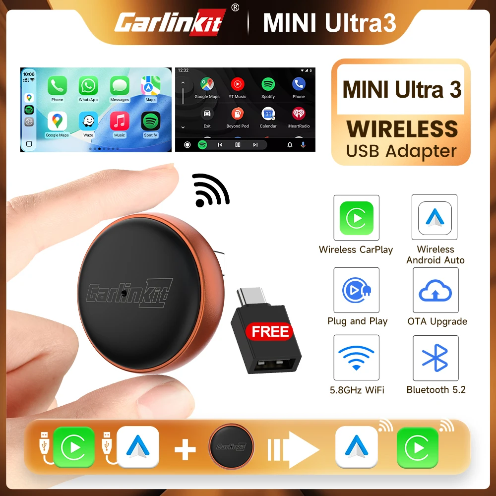 

Беспроводной адаптер CarlinKit Mini Ultra CarPlay USB-донгл для подключения Android Auto (из проводного в беспроводной), Plug & Play, бесшовное подключение по Wi-Fi