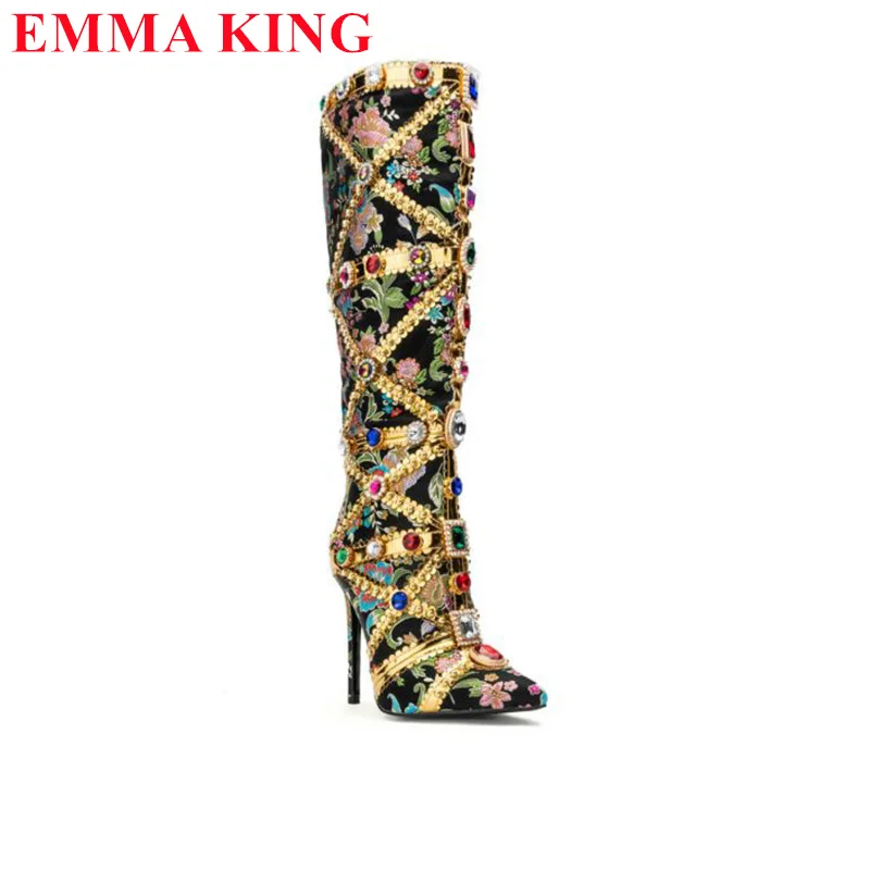 

Luxury Brand Designer Embroider Rhinestone Knee High Boots 2023 Fashion Pointed Toe High Heels Shoes Woman Winter Women's Boots