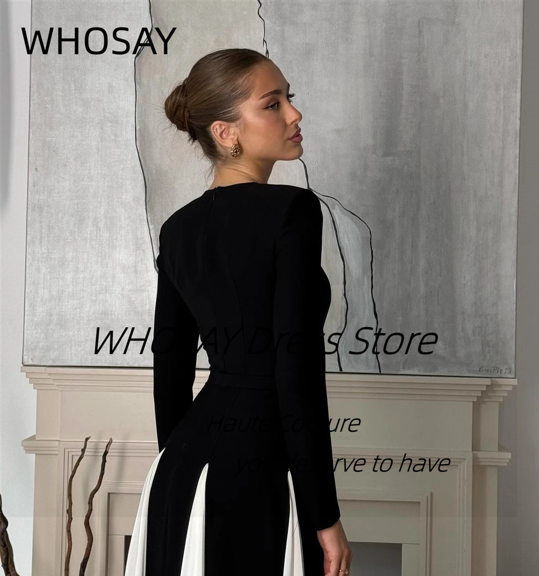 WHOSAY 2024 Fashion Black&White Evening Dresses Jewel Neck Long Sleeves Prom Dress Zipper Back Holiday Party Formal Gowns