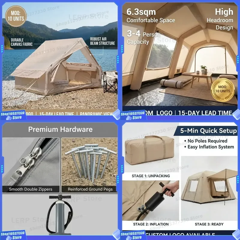 Panoramic View Inflatable Tent 6.3sqm with Massive TPU Skylight Luxury Glamping Air House Tent High Headroom Aesthetic Design