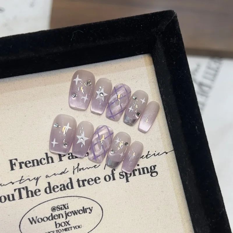 10 조각 봄 여름 레트로 달콤한 프랑스어 수제 프레스 손톱 보라색 고양이 눈 줄무늬 격자 무늬 가짜 손톱 이동식 재사용 가능