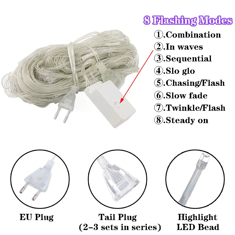 EU Plug 220V LED Net Mesh String Light  Window Curtain Fairy Light Wedding Party Garden Summer Room Decoration Garland Lamp