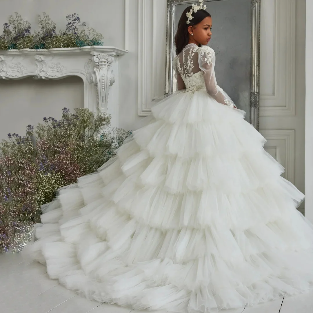 

Customized White Flower Girl Dress Tulle Flowers Appliques Long Sleeve For Wedding Birthday Prom Banquet Pageant Gown