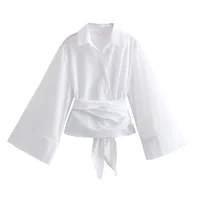 New Women's Fashion Casual Polo Neck Bow Tie up Short Edition Double Breasted Poplin Shirt - Image 4