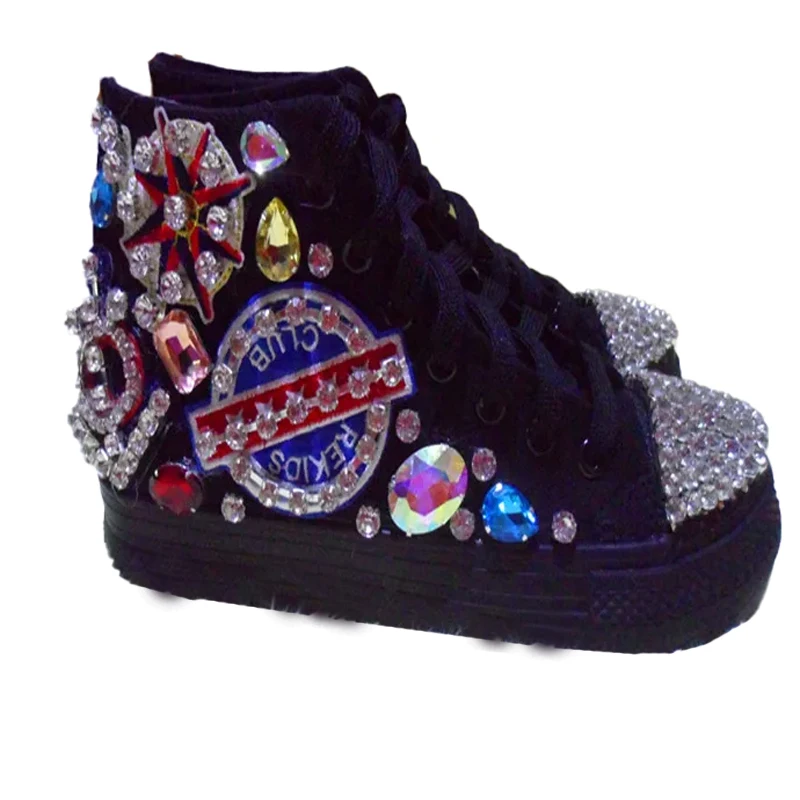 

Black High Top Sneakers Casual Women's Shoes Lace-up Round Toe Canvas Cloth Sticker Rhinestones Diamond Loafers Vulcanize Shoes