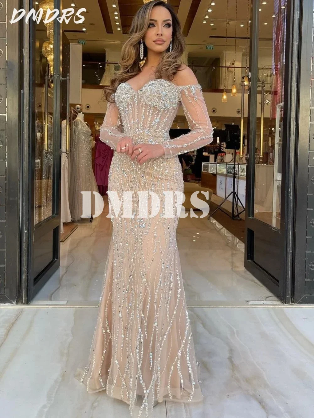 

Elegant Off-shoulder Prom Dress 2025 Formal Long-sleeved Evening Dress Charming Beaded Sequined Floor-Length Gown Customized