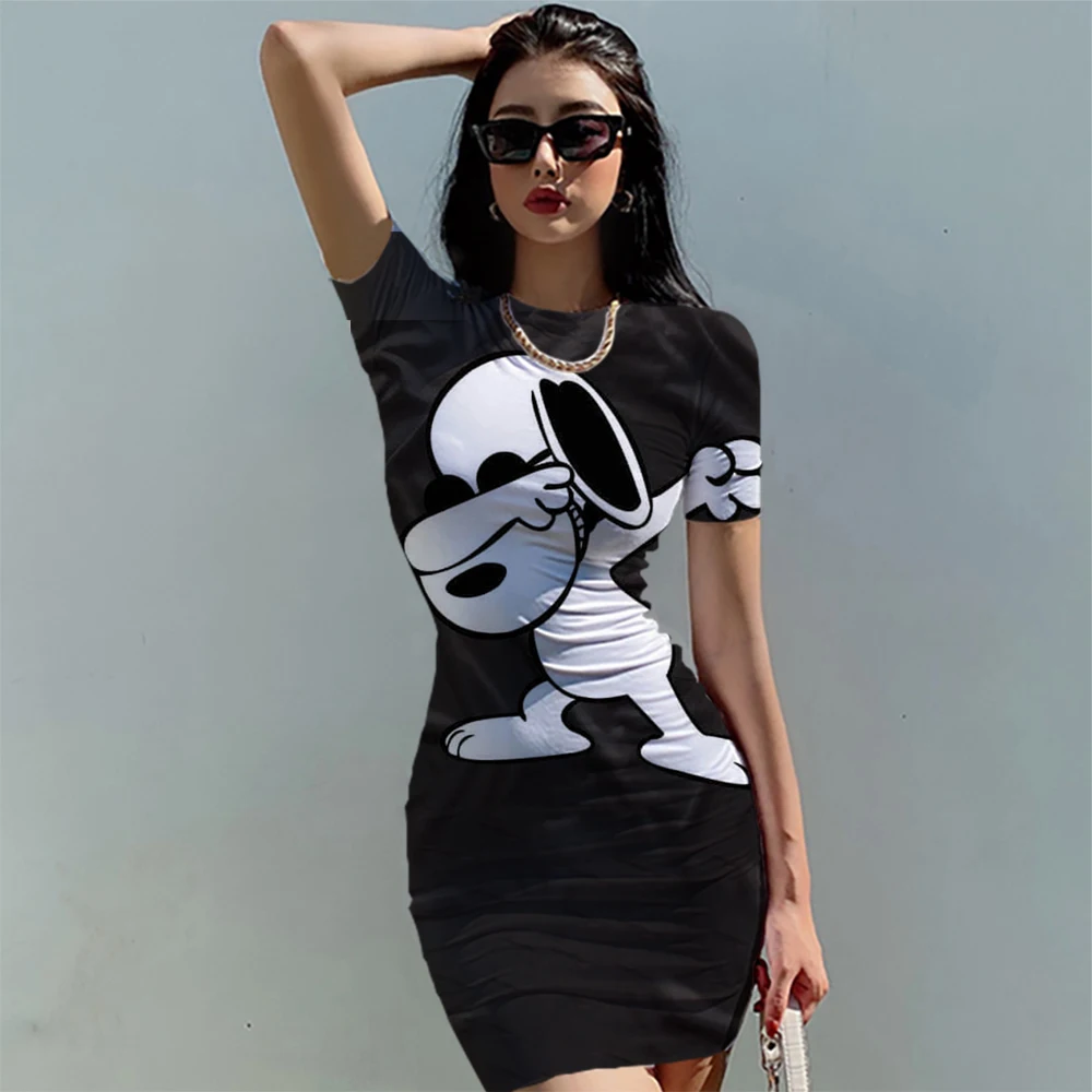 Snoopy Printed ladies dresses evening dress Bodycon Dresses for Women Short Sleeve Slim Bodycon Dress Casual Pencil Dress ﻿