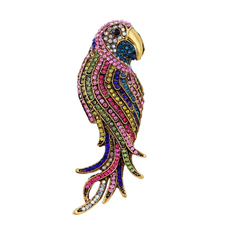 Vintage Colorful Parrot Brooch Alloy Animal Full of Rhineston and Oil Dripping Versatile Clothing Accessories