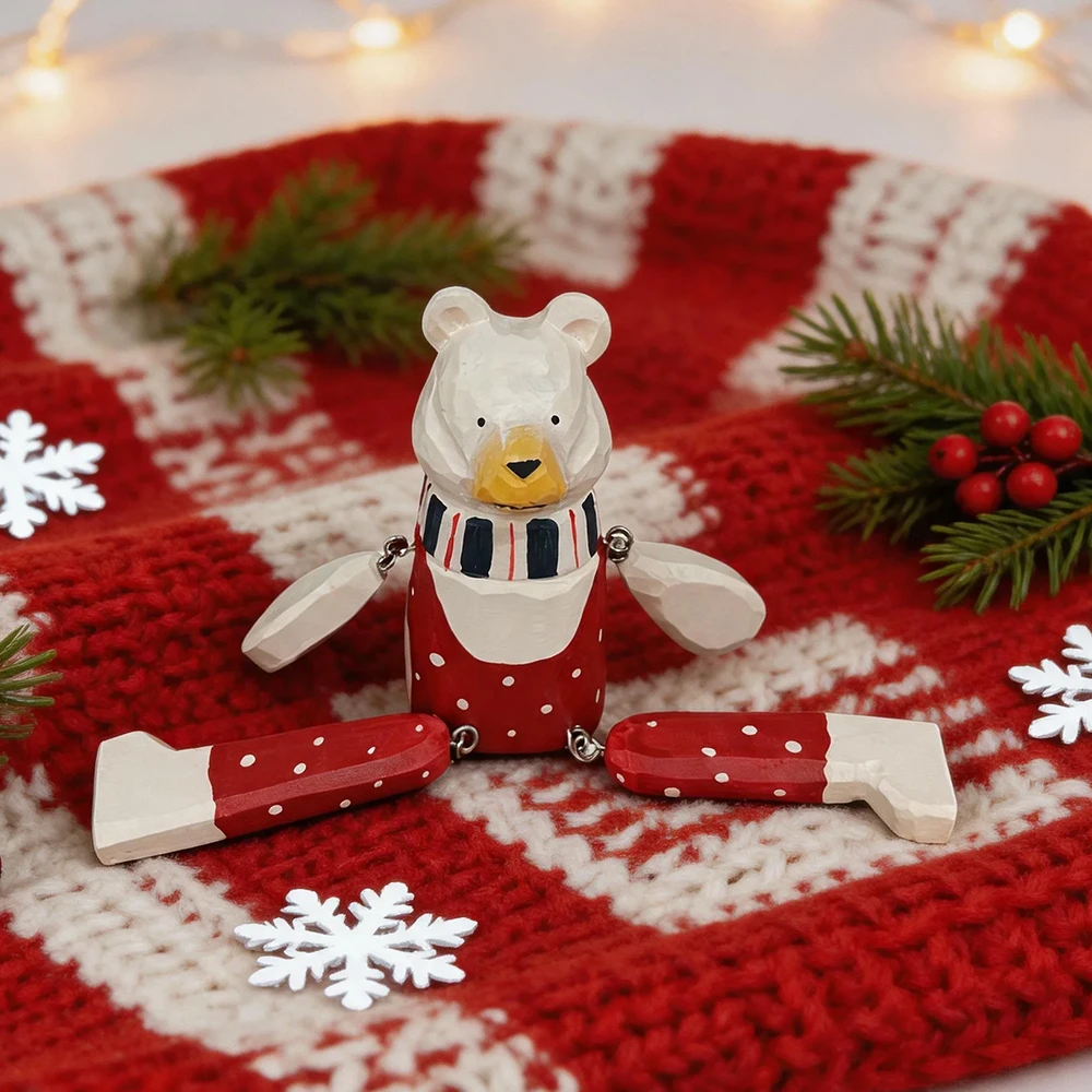 Handgeschnitzte Holzfigur Weißer Eisbär als Regaldekoration mit Beweglichen Gliedmaßen, Rustikale Heimdekoration, Weihnachtsgeschenk – Detail 7