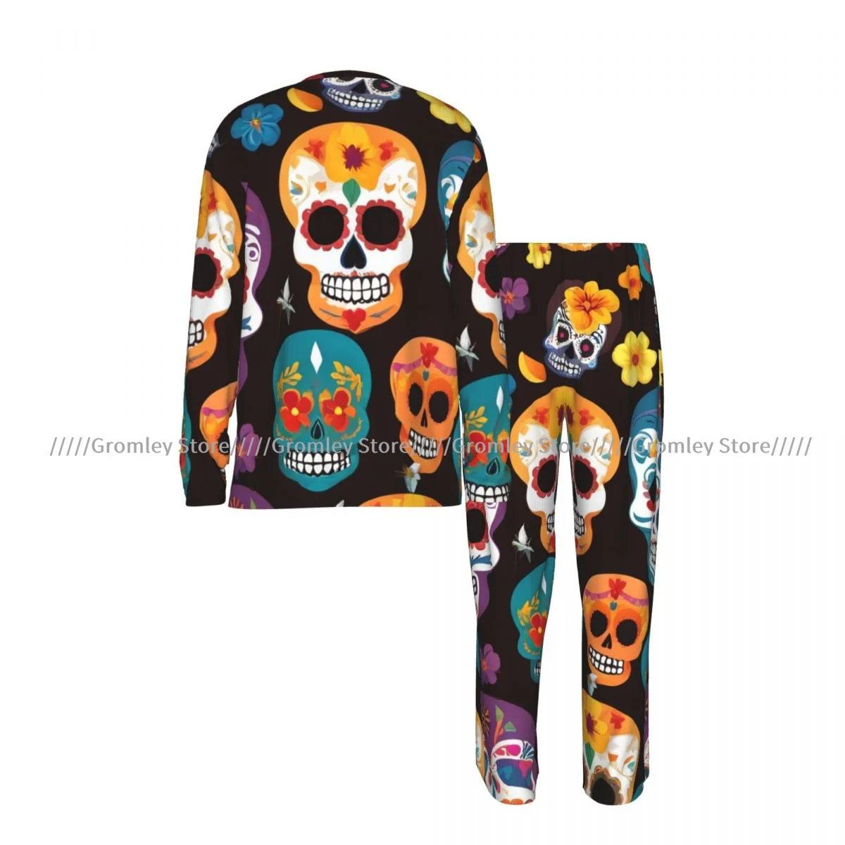 Men's Pajama Set Long Sleeve and Long Pants Colorful Sugar Skulls Soft Sleepwear for Home