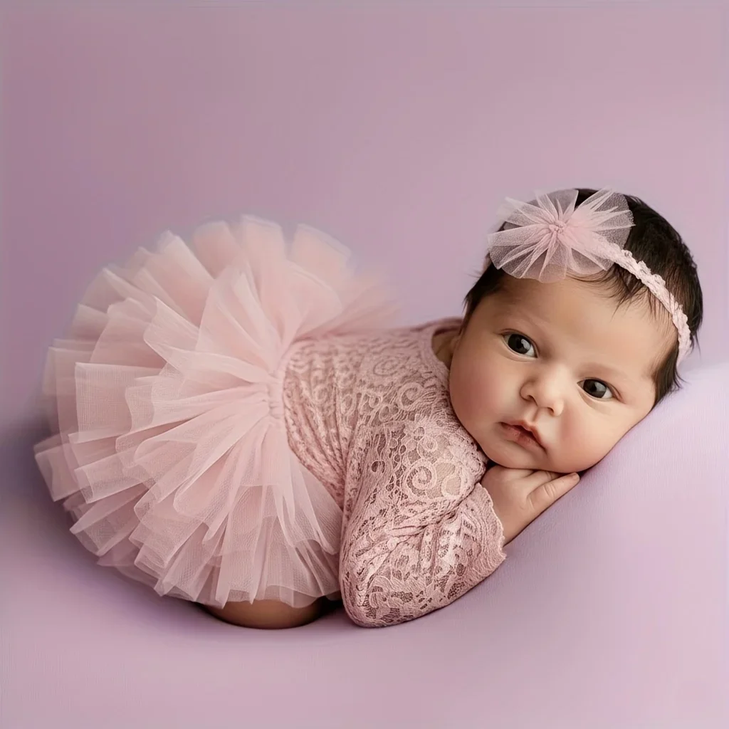 Newborn Lace Flower Headband And Bodysuit Set For Baby Photoshoot 100th Day Outfit Infant Photo Prop Baby Shower Gift