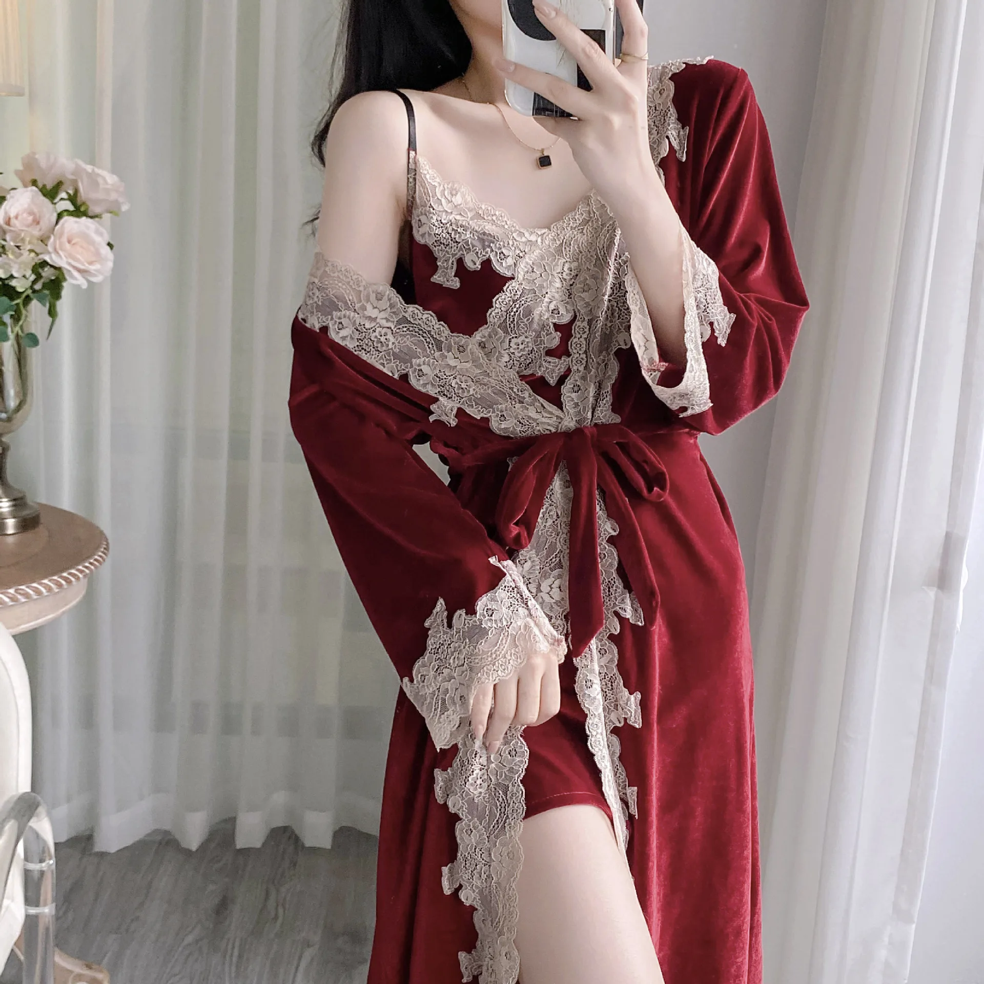 Velour Lace Robe Suit Spring Kimono Sleepwear Nightgown Homewear Women Velvet Nightdress Bathrobe Gown Sleep Set Loungewear