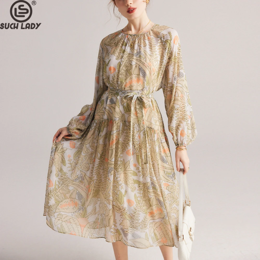 

100% Silk Women's Dresses O Neck Long Sleeves Floral Printed Elegant High Street Casual Vestidos