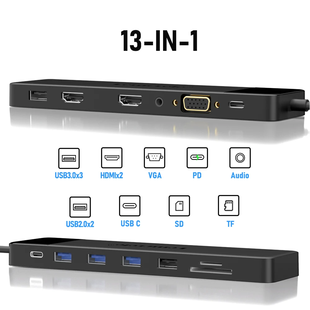 Lemorele 13Ports USB Hub Type C Hub USB Docking Station Dual HDMI 4K30Hz VGA USB3.0 Adapter for Macbook Windows Laptop Hub