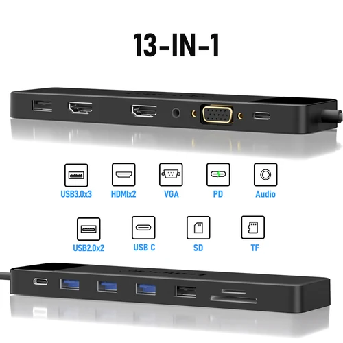 Imagen 2 del producto Lemorele USB C HUB 13 en 1 estación de acoplamiento 4K30Hz HDMI USB3.0 PD100W RJ45 VGA SDTF USB divisor para ordenador portátil Macbook Pro Air iPad