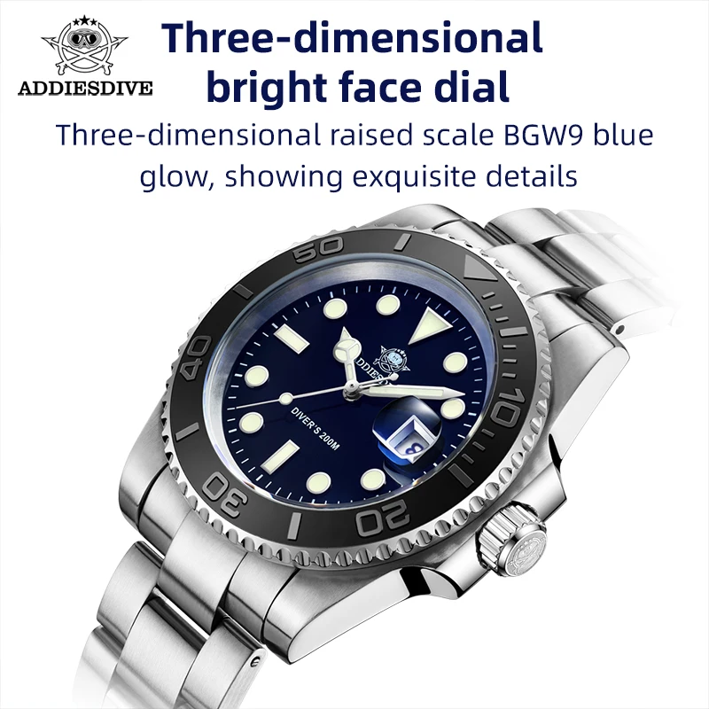 ADDIESDIVE Quartz Watches Classics Stainless Steel 20Bar Waterproof BGW9 Super Luminous Diving Watch H3C Men's Analog Watch ﻿