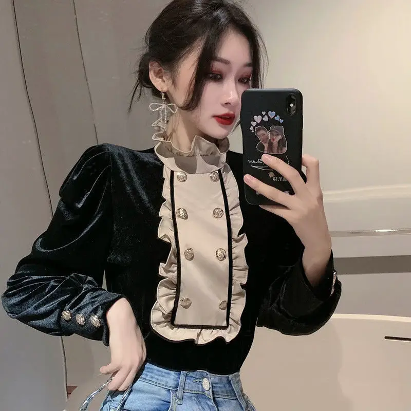 Fashion Butterfly Sleeve Spliced Button Ruffles Puff Sleeve Blouse Women\'s Clothing 2023 Winter New Casual Pullovers Sweet Shirt