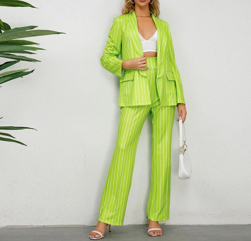 100pcs in stock women's fashionable casual striped suit jacket straight leg wide leg pants suit set (Ships within 48 hours)