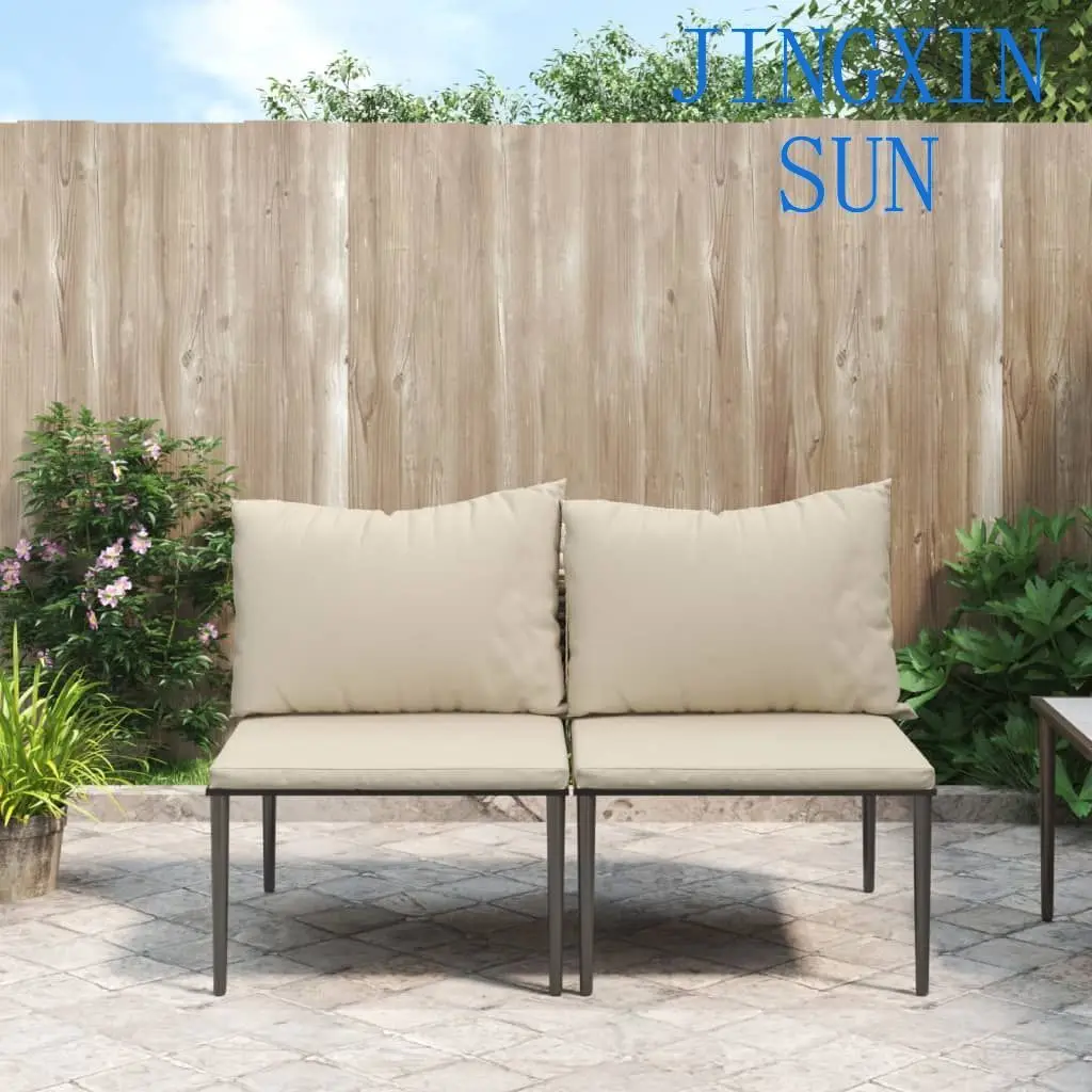 2-Piece Gray Poly Rattan Patio Middle Sofas Garden Furniture With Cushions