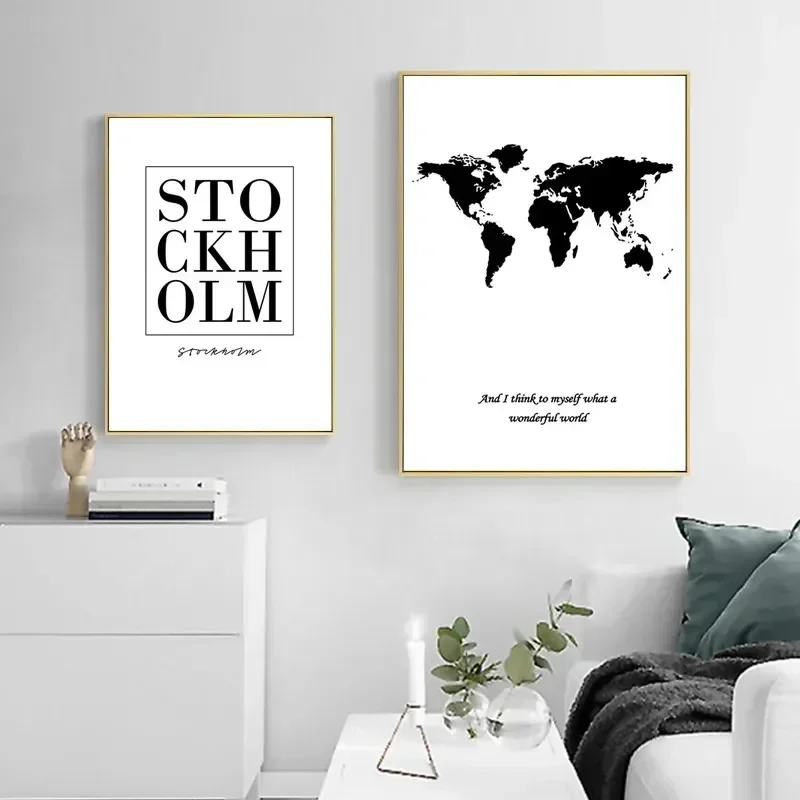 Nordic Minimalist Black and White Wall Art Canvas Painting World Map HD Posters Prints Picture for Modern Living Room Home Decor