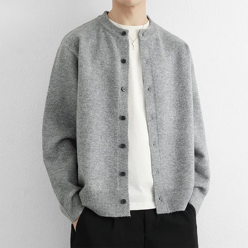 

Мужской вязаный кардиган с круглым вырезом и воротником Хенли, повседневный, свободный крой, весна 2026, смесь полиэстера, акрила, нейлона и шерсти, длинный рукав