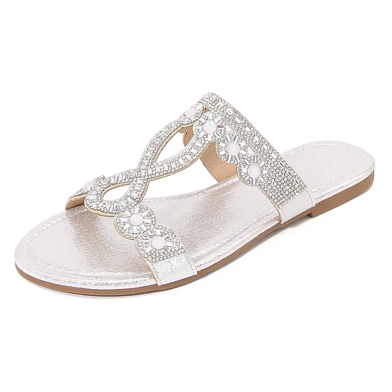 Summer Bohemian Rhinestone Sandals for Women Flat Slippers Woman Peep Toe Light Comfort Slip on Beach Shoes Flip Flops