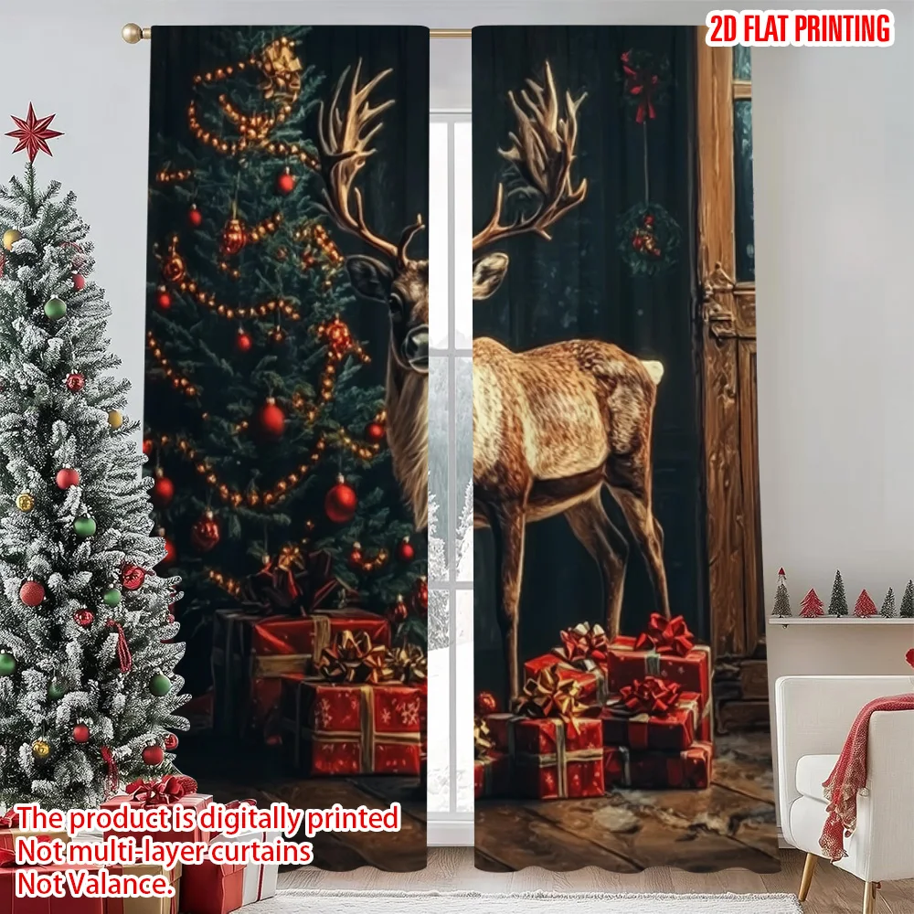 

2pcs 2D flat printing Merry Christmas Curtain Colored deer Durable 100% Polyester Fabric Without Electricity Family Party