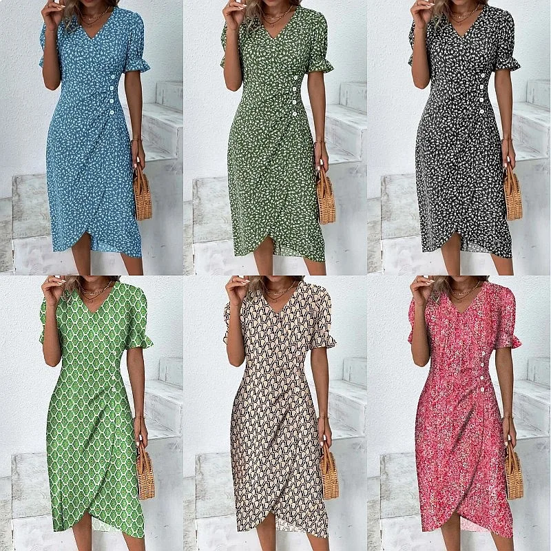 Geometric Patchwork Bubble Sleeve Irregular Hem Dress Jumpsuit Playsuit Summer Spring