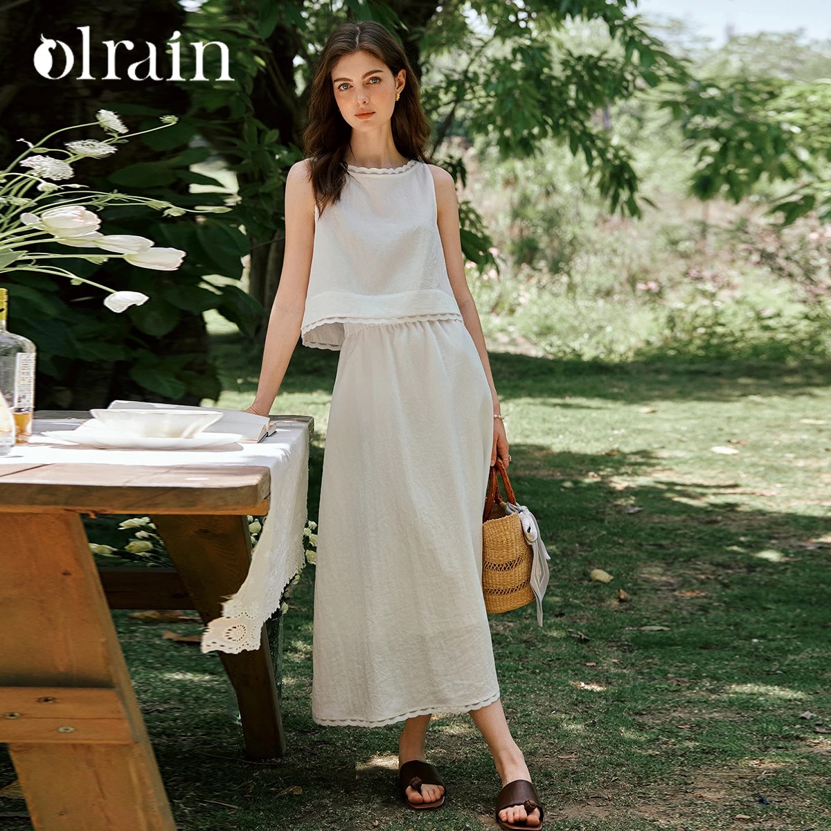 

OLrain Beige Dress Sets Woman 2025 Summer Loose Two Piece Set New in Matching Sets Sleeveless Ruched Skirts for Woman O57XE99588