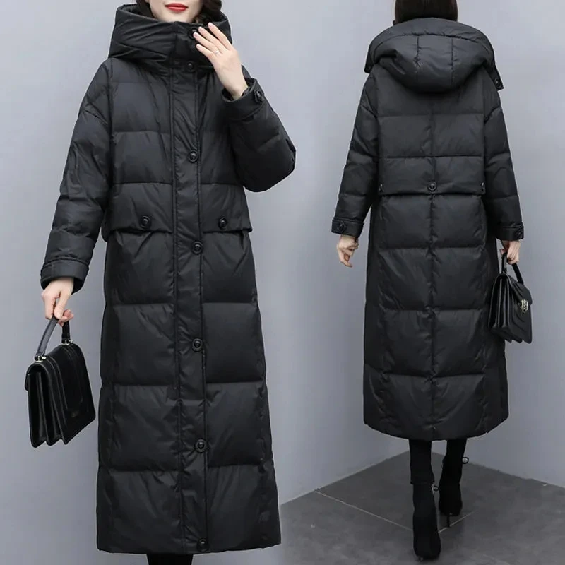 

2024 New Korean Loose Down Cotton Coat Womens Black Hooded Cotton-Padded Parkas Thicken Warm Puffer Parkas Long Overcoat Jackets