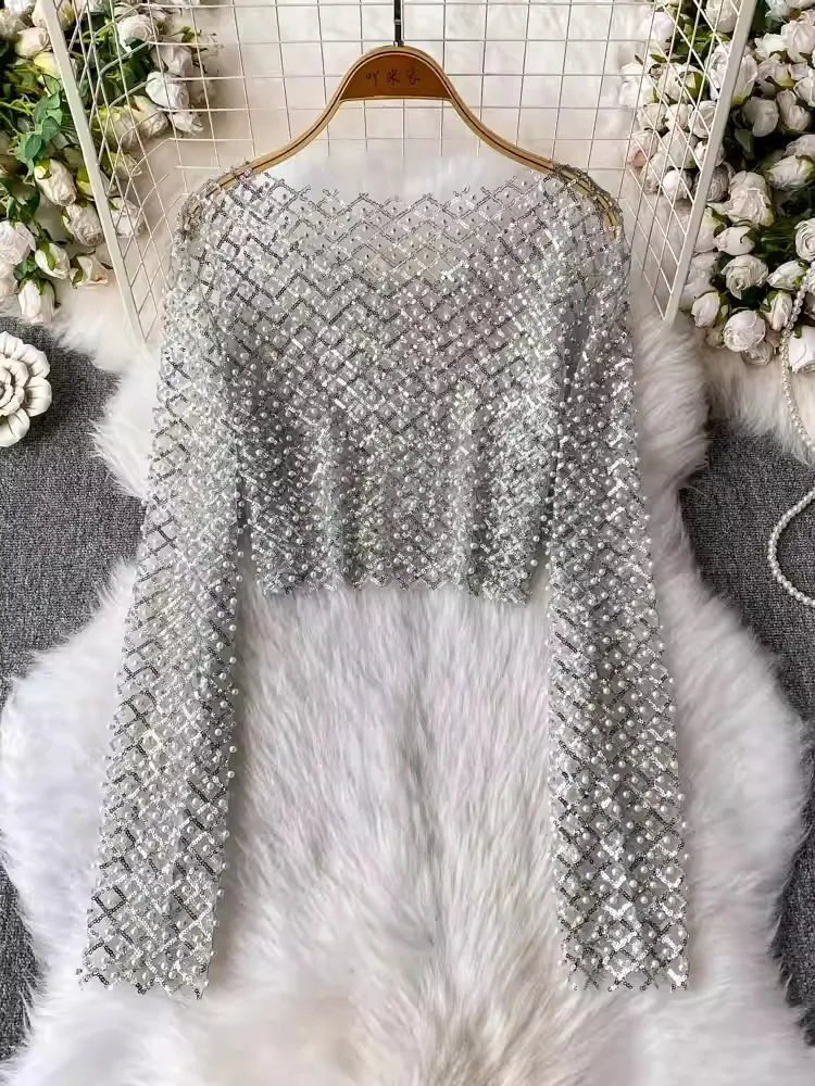 Women's Light Luxury Elegant Top 2026 New High Quality Beaded Sequin Round Neck Long Sleeve Shirt Fashion Socialite Short Top
