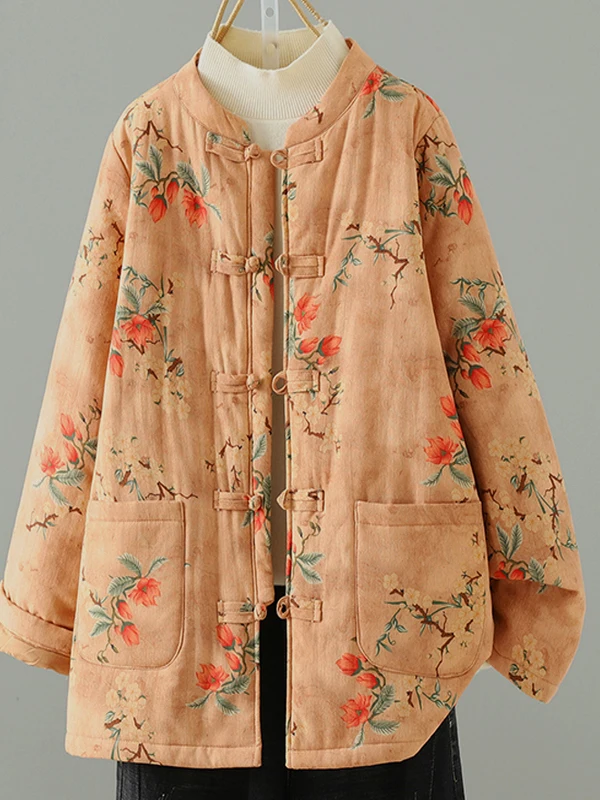 Retro Floral Cotton Jaet Women's Winter New Sle Buttoned Warmth Retention Floral Print Thiened Long Sve Stand Collar...
