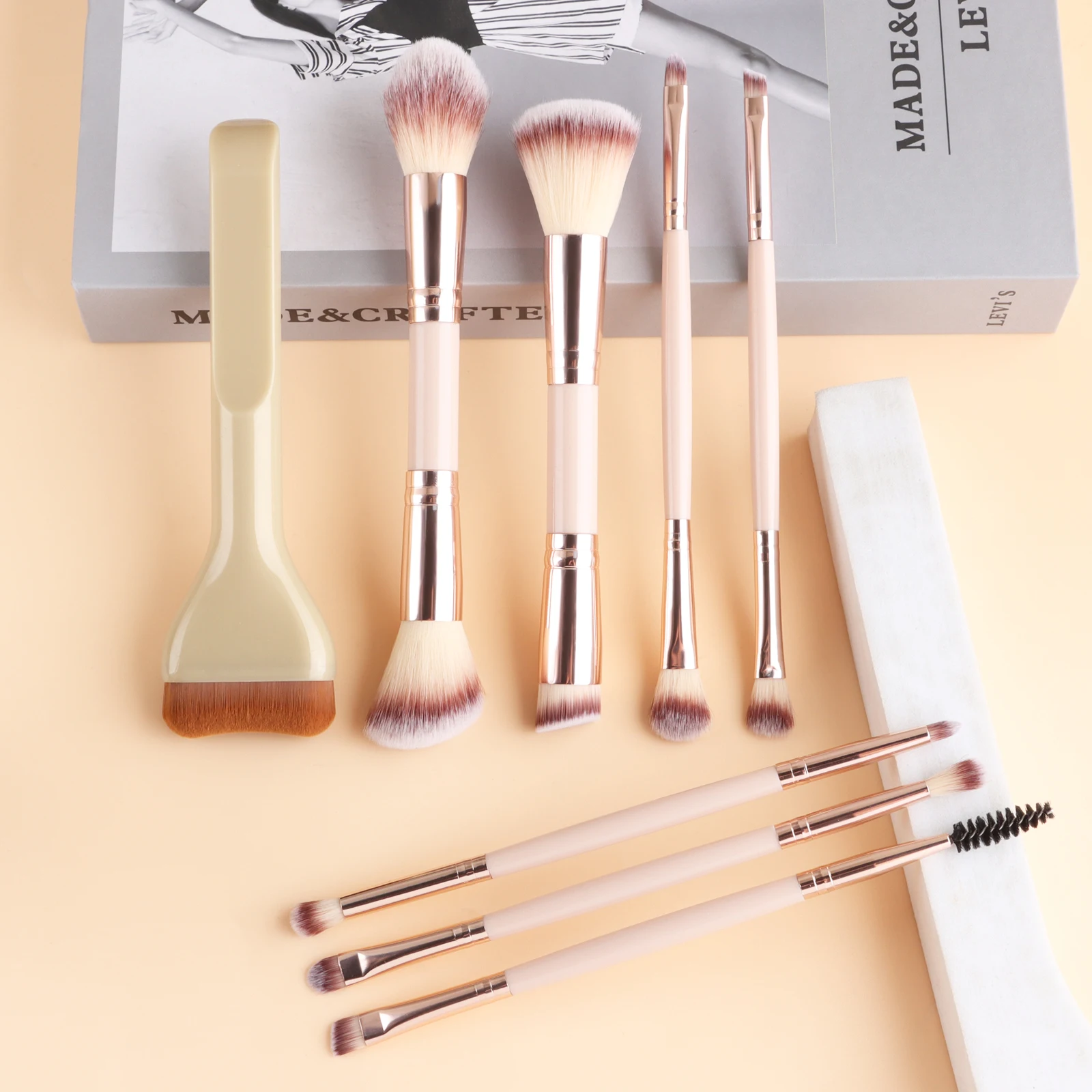 8Pcs Multifunctional Double Ended Cosmetic Brush Set, Wave Foundation Powder Blush Detail Eyeshadow Eyebrow Brushes for Beginner