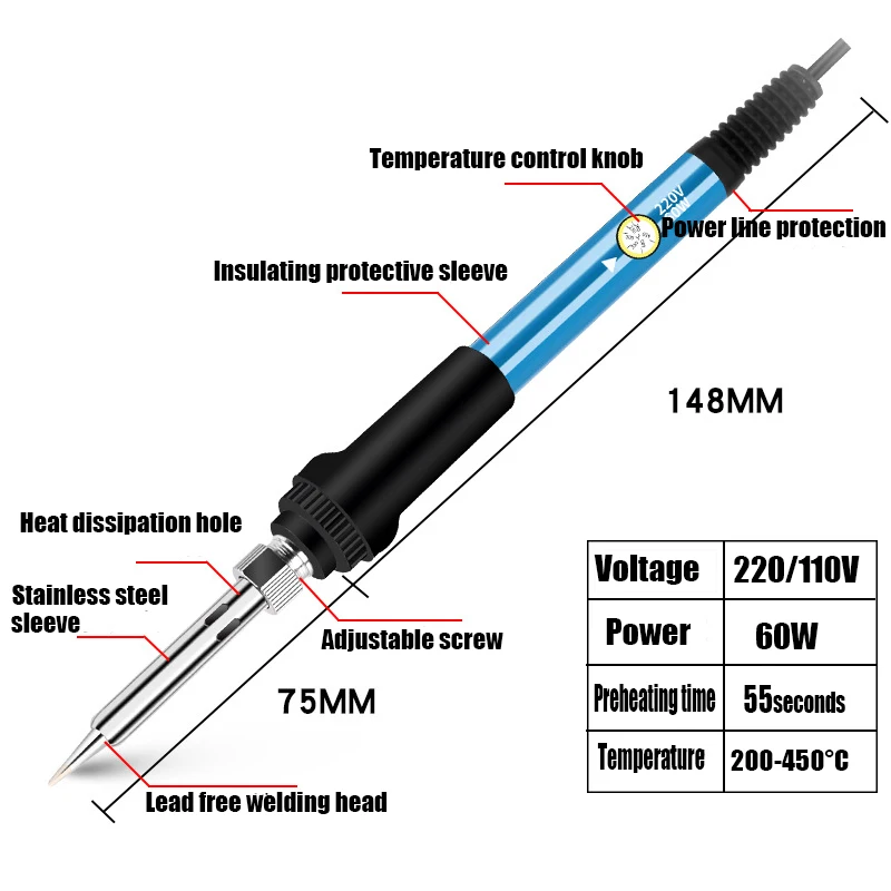 15Pcs 60W Soldering Iron Electric Solder Iron Temperature Adjustable Rework Station Kit Handle Heat Pencil Welding Repair Tools