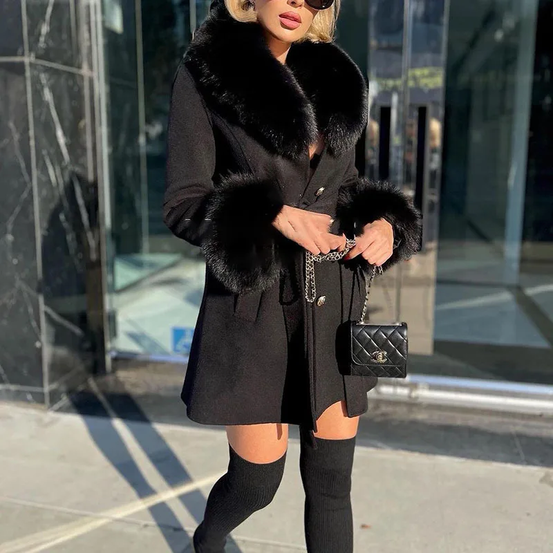 Hot Selling 2023 New Autumn Winter Mid Length Thickened Warm Detachable Fox Fur Collar Wool Coat Slim Fashion Jacket for Women