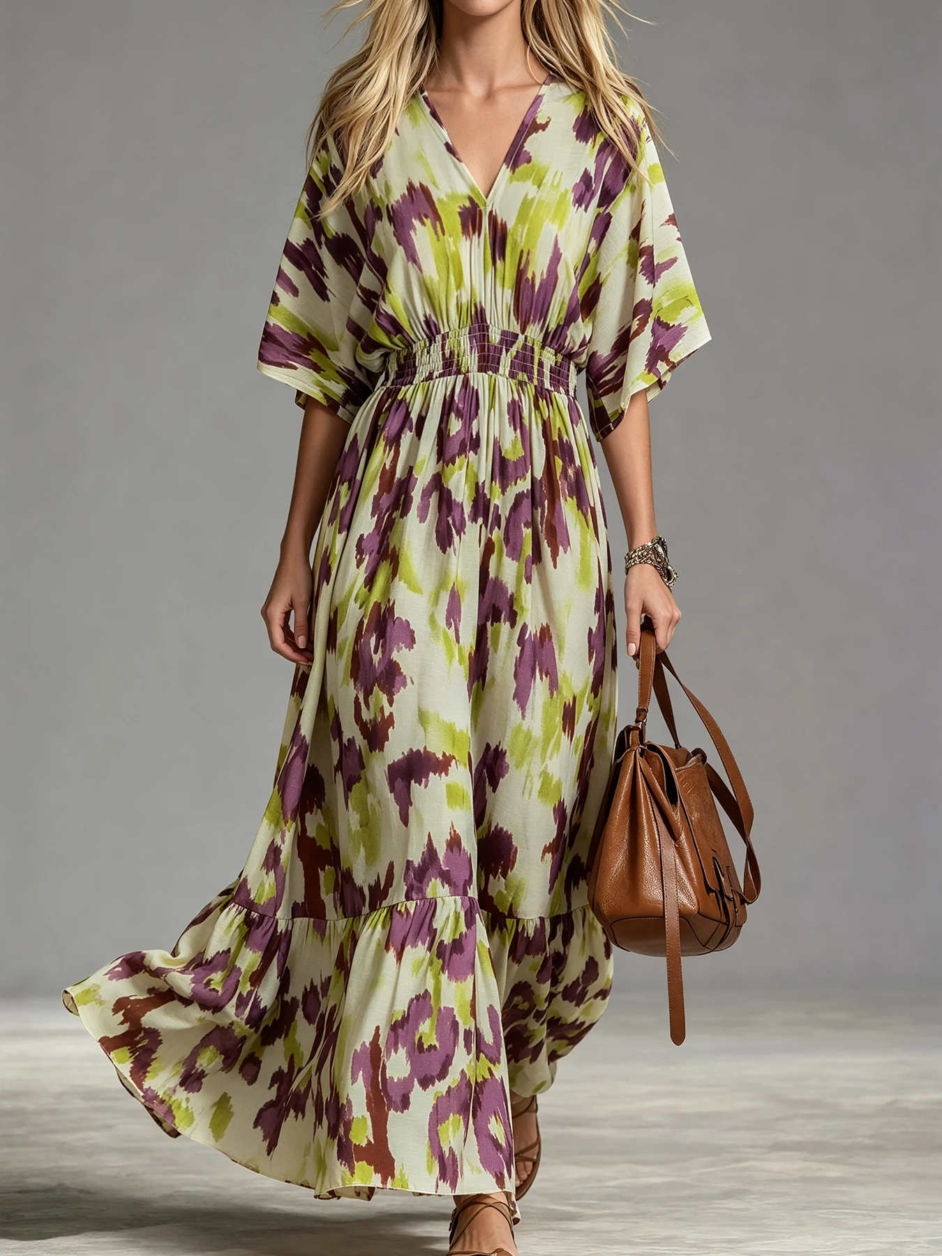 Vestido maxi bohemio con estampado tie-dye acuarela, cuello en V, manga dolman, cintura elástica y dobladillo con volantes para mujer