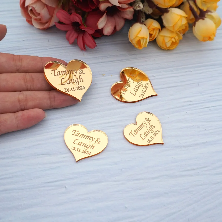 20pcs Custom Name Sign Small Heart Tags Personalized Guest Gifts 2mm Thickness Acrylic Mirror Wedding Party Favors Decor