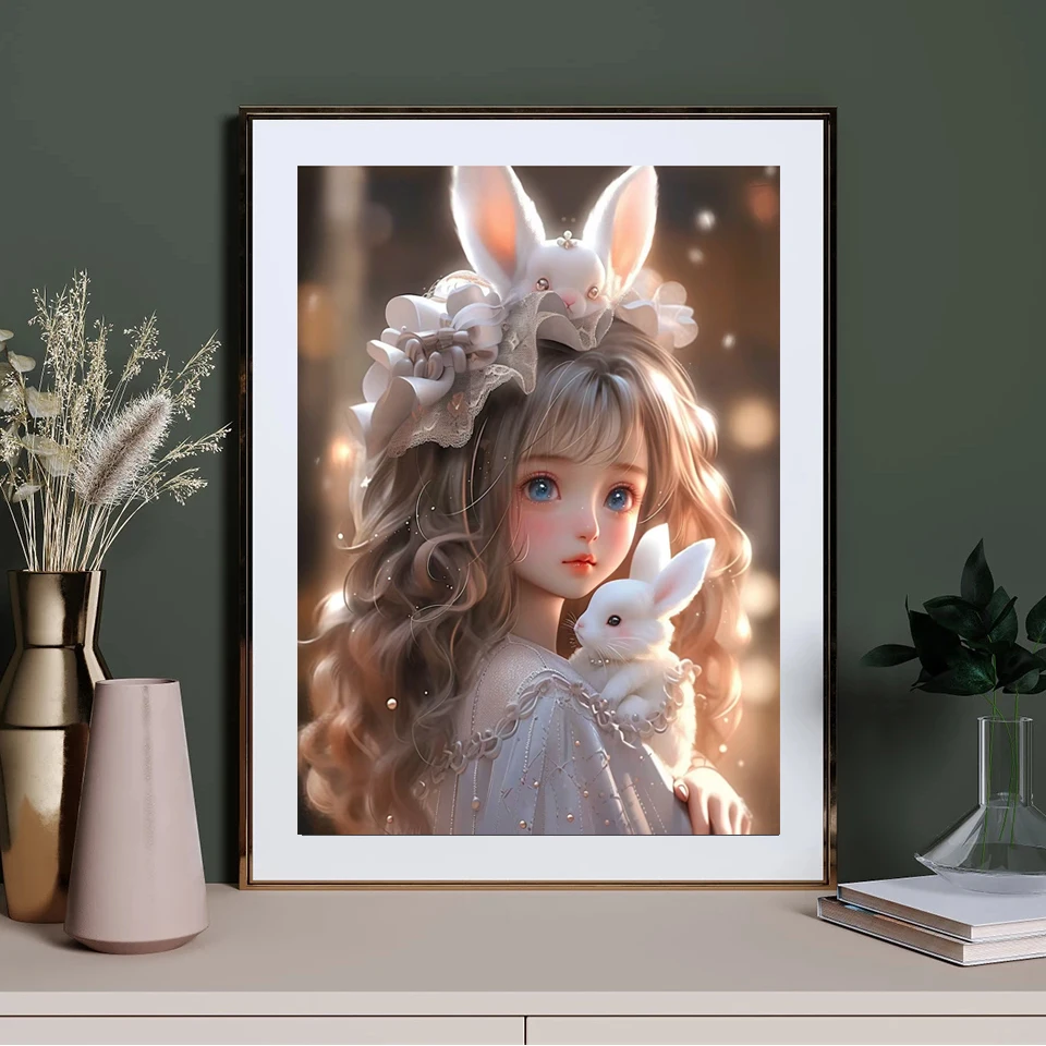 Cute Little Girl DIY Diamond Embroidery Rabbit Panda Character Diamond Painting 5D Diamond Mosaic Picture Home Decoration W46