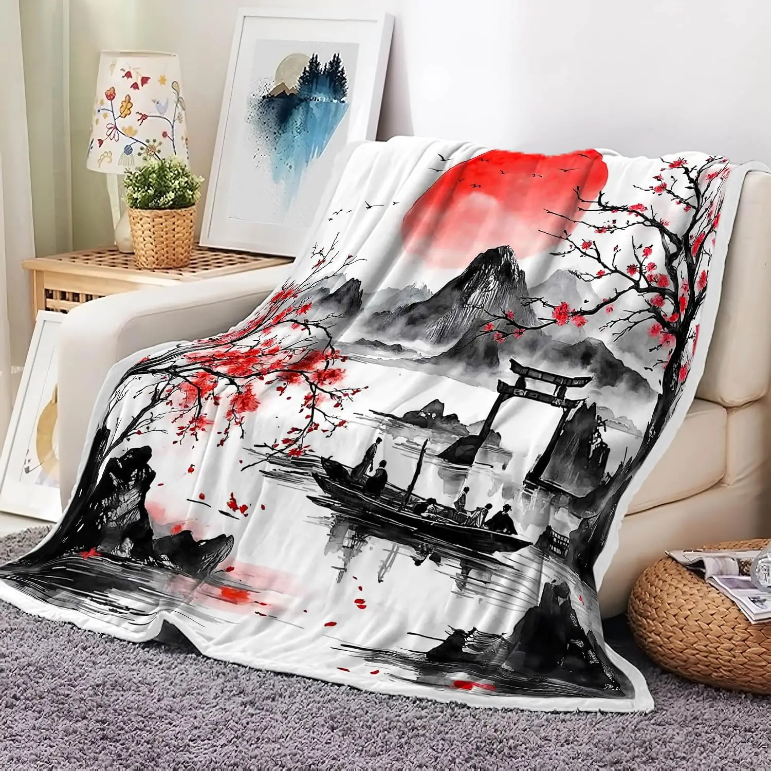 Traditional Chinese Ink Plum Torii Boat Red Sun Misty Retro Art Flannel Throw Blanket, Warm Cozy Blanket, Oriental Bedroom Decor